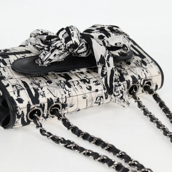 CHANEL Chain COCO Mark Choco Bar Shoulder Bag Satin Black White CC Auth 128055V - Picture 7 of 14